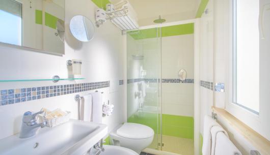 Bagno moderno con doccia, lavabo e decorazioni verdi.